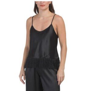 NWT LINEA DONATELLA 2pc Satin Fringe Crop Cami Black Women's Pajama Set Size M